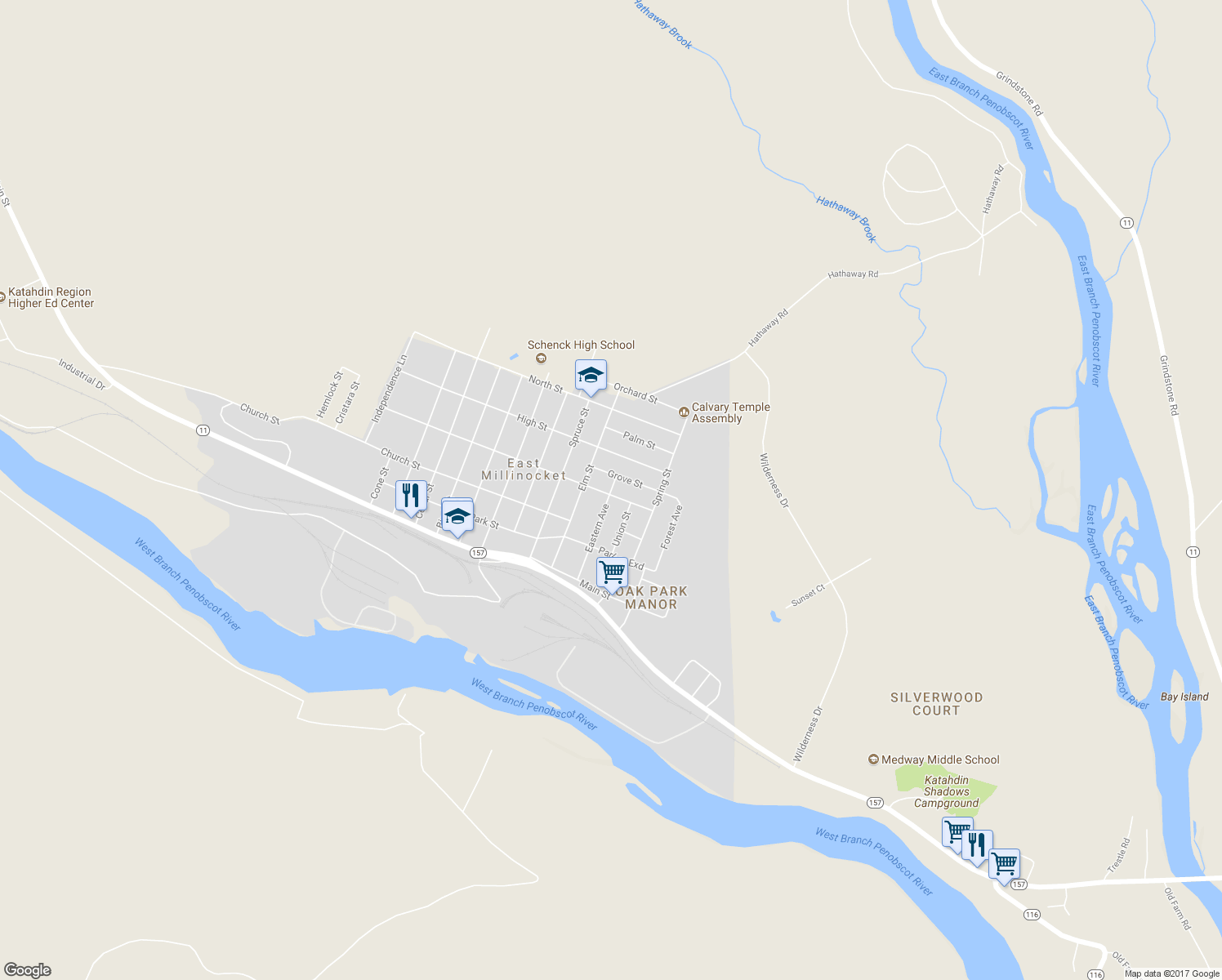 map of restaurants, bars, coffee shops, grocery stores, and more near 1 County Street in East Millinocket