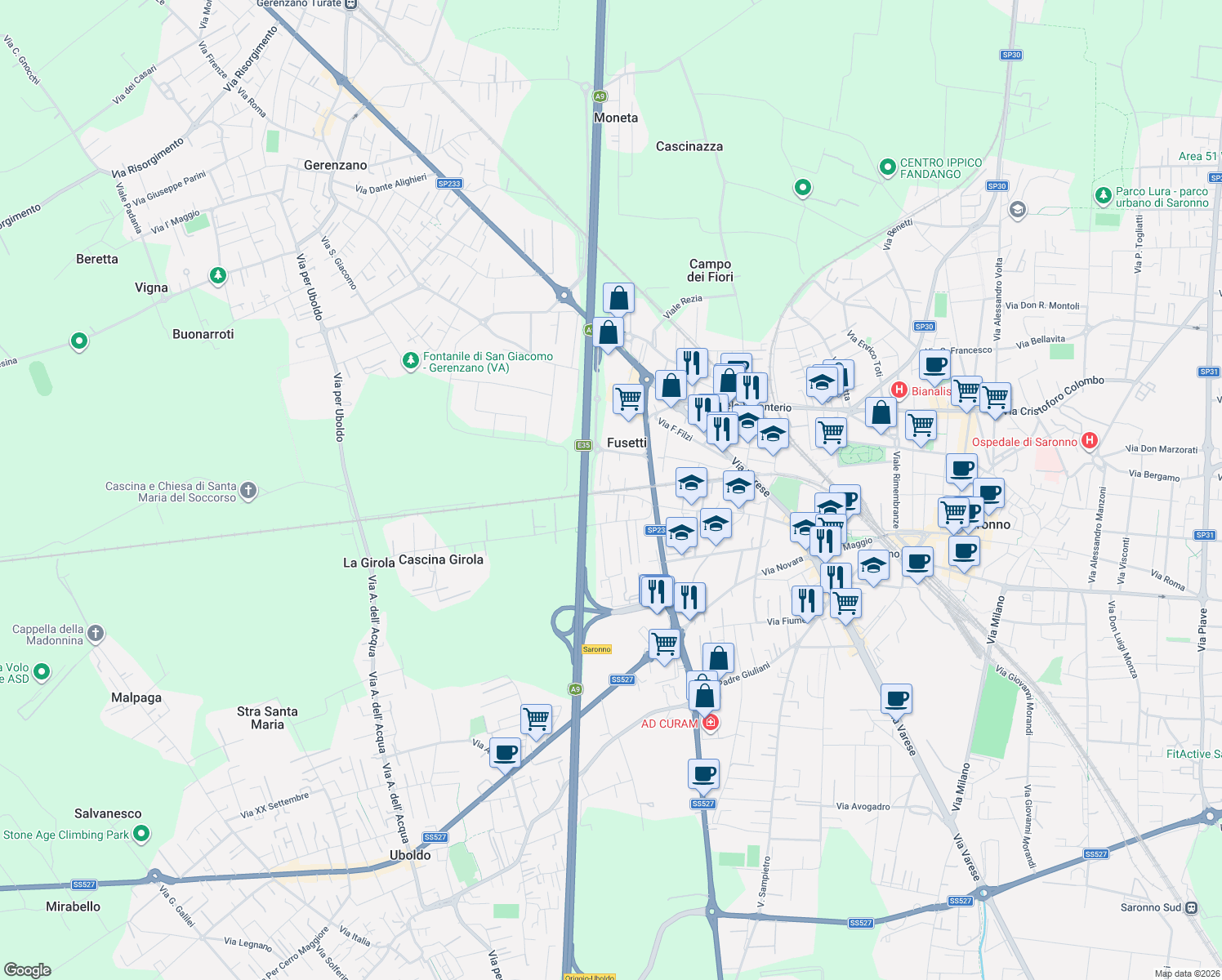map of restaurants, bars, coffee shops, grocery stores, and more near 2 Via G. Borsi in Fusetti