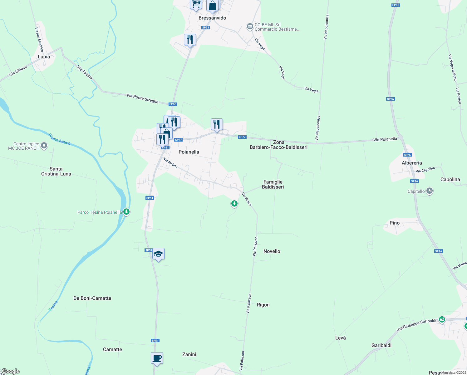 map of restaurants, bars, coffee shops, grocery stores, and more near 31 Via Bosco in Poianella
