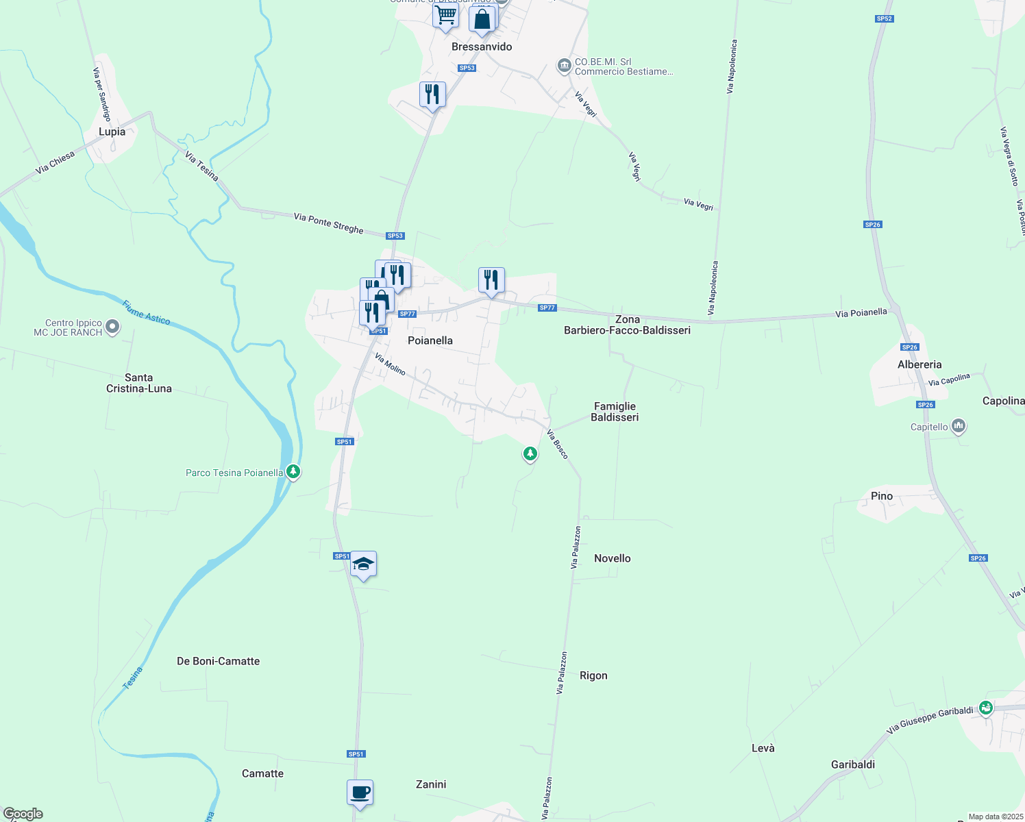 map of restaurants, bars, coffee shops, grocery stores, and more near 31 Via Bosco in Poianella