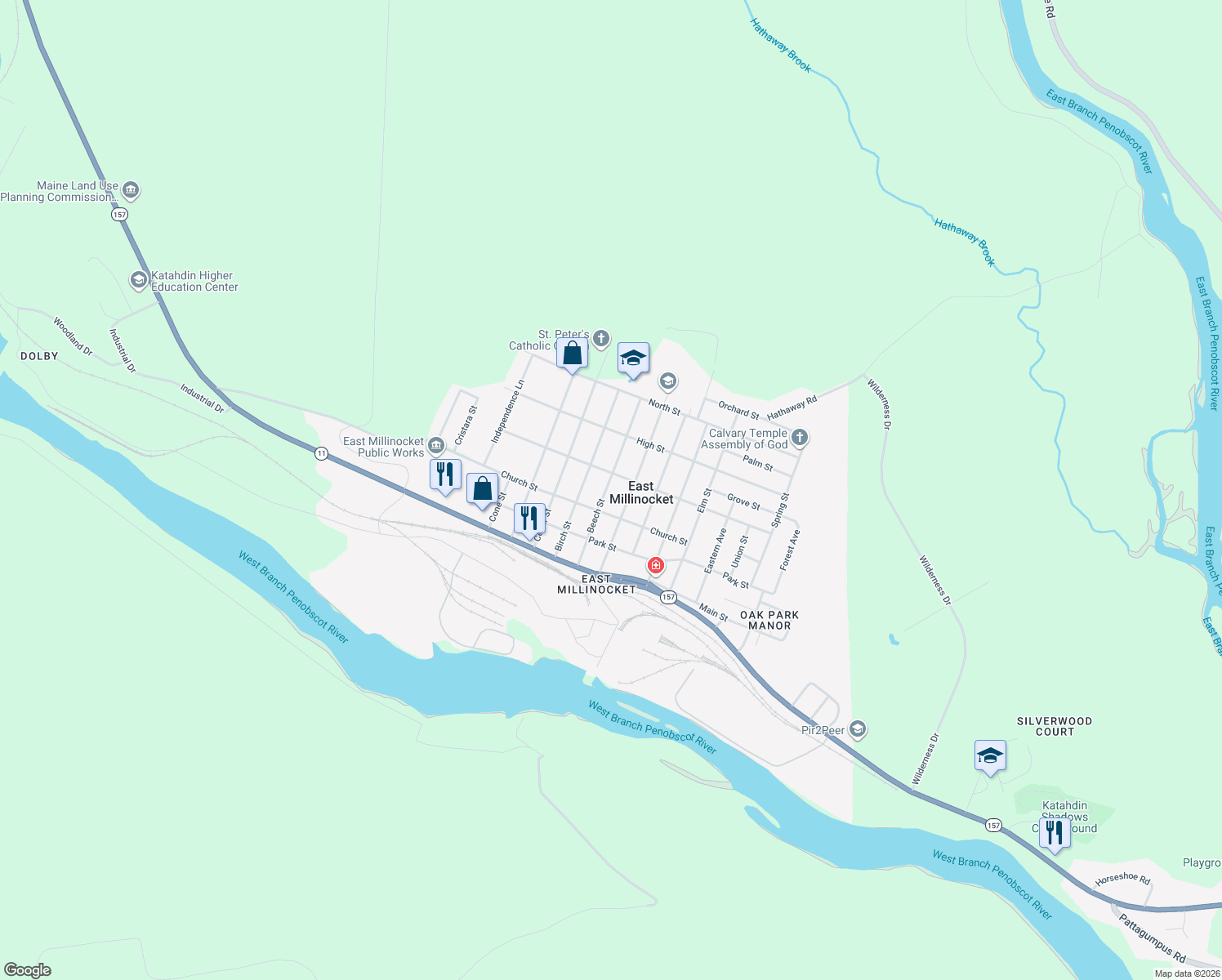 map of restaurants, bars, coffee shops, grocery stores, and more near 13 Beech Street in East Millinocket