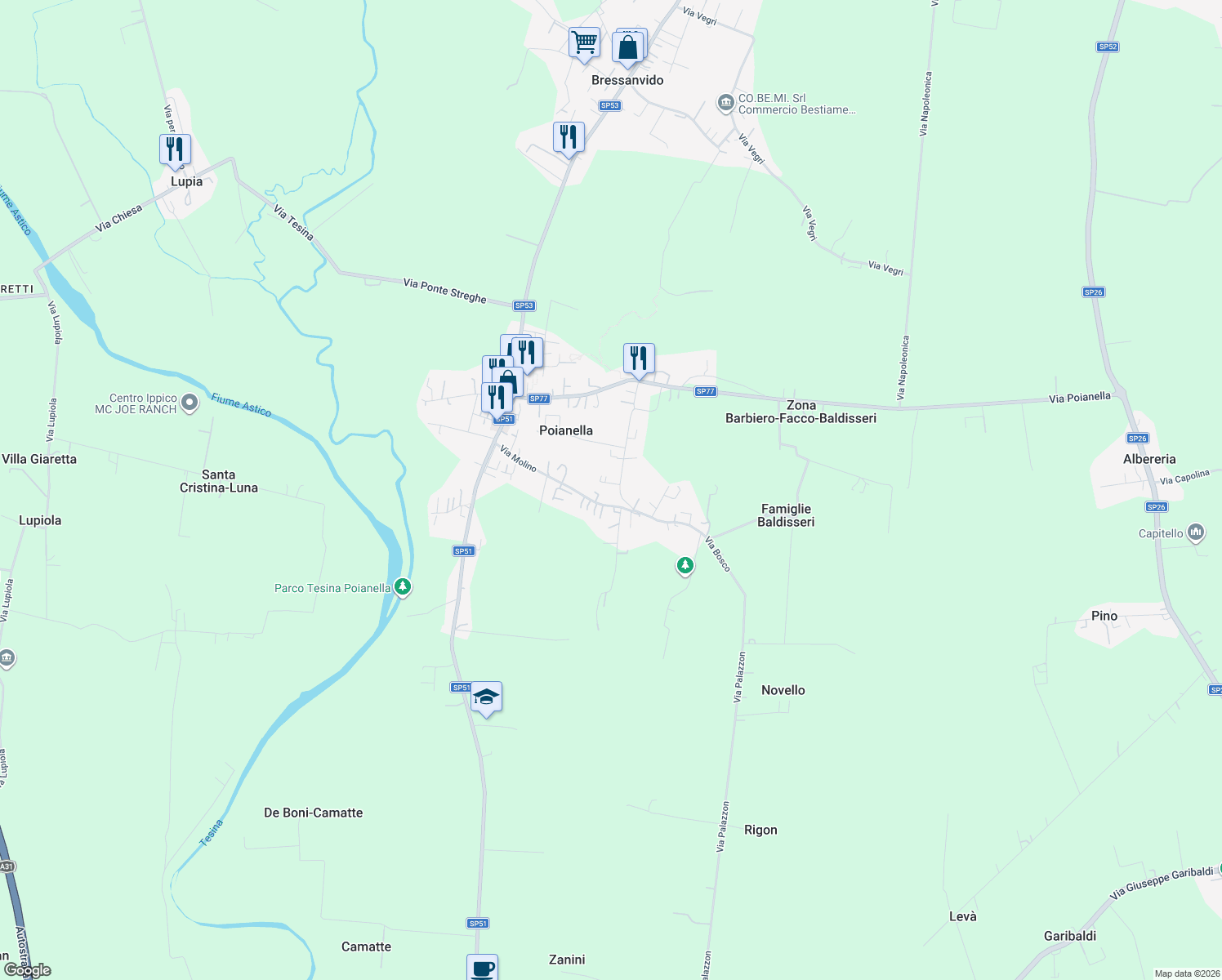 map of restaurants, bars, coffee shops, grocery stores, and more near 58 Via Caffo in Poianella