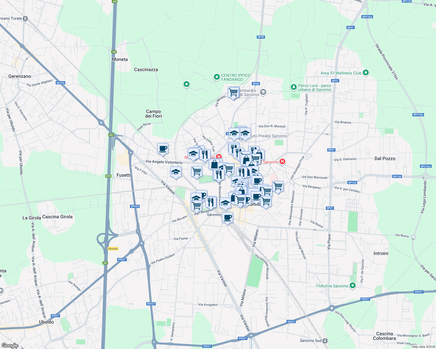map of restaurants, bars, coffee shops, grocery stores, and more near 4 Via Vittime del Lavoro in Saronno