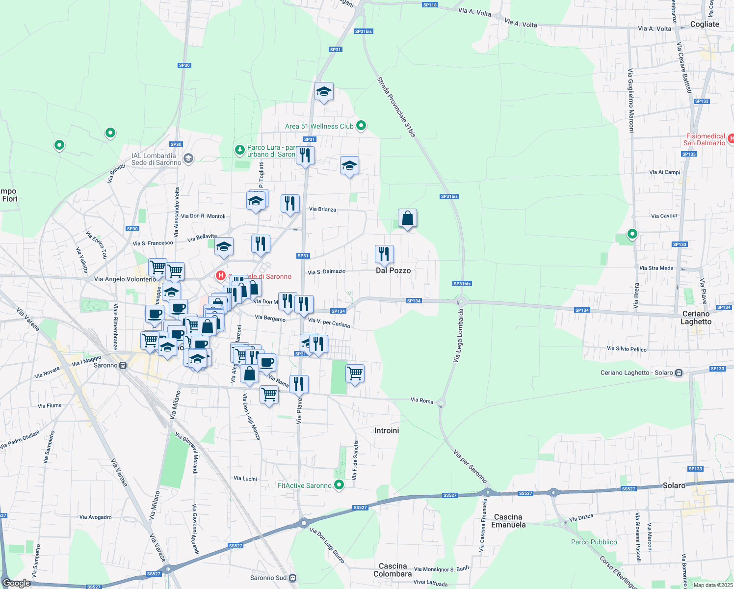 map of restaurants, bars, coffee shops, grocery stores, and more near 170 Via Bergamo in Saronno