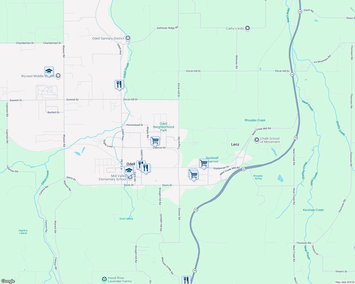 map of restaurants, bars, coffee shops, grocery stores, and more near 3400 Gateway Drive in Hood River