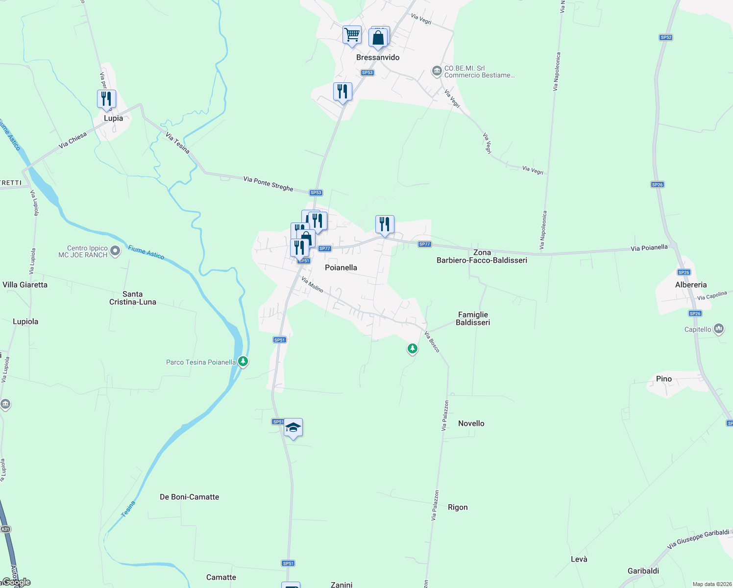 map of restaurants, bars, coffee shops, grocery stores, and more near 58 Via Caffo in Poianella