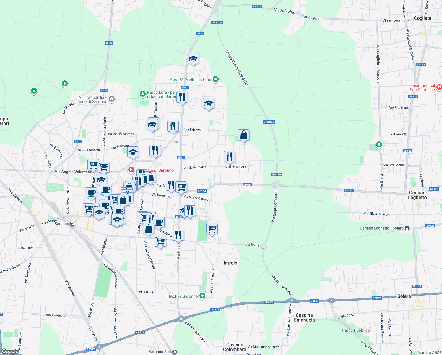 map of restaurants, bars, coffee shops, grocery stores, and more near 170 Via Bergamo in Saronno