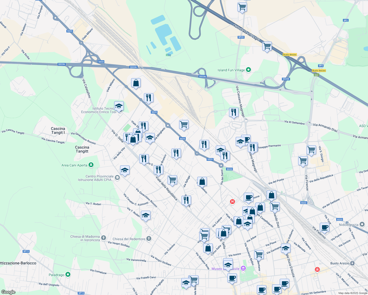 map of restaurants, bars, coffee shops, grocery stores, and more near 13 Via Passo San Giacomo in Busto Arsizio