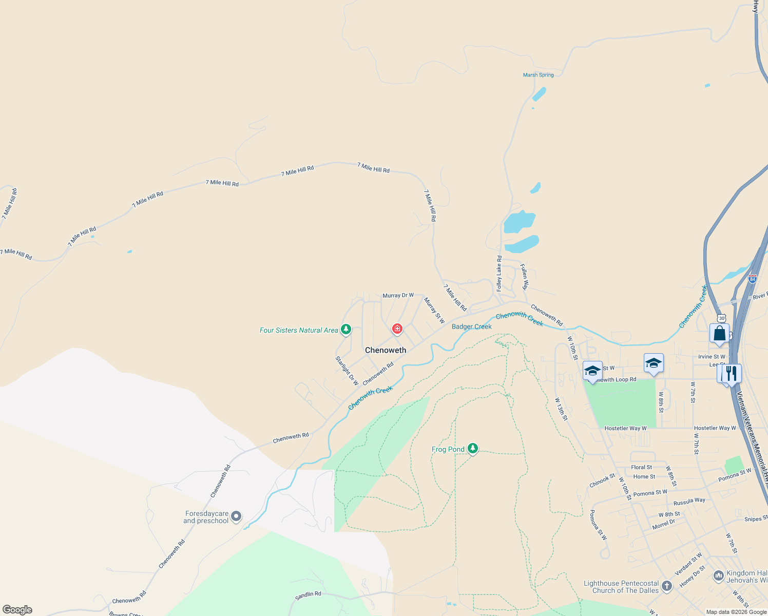 map of restaurants, bars, coffee shops, grocery stores, and more near 1188 Murray Drive West in The Dalles