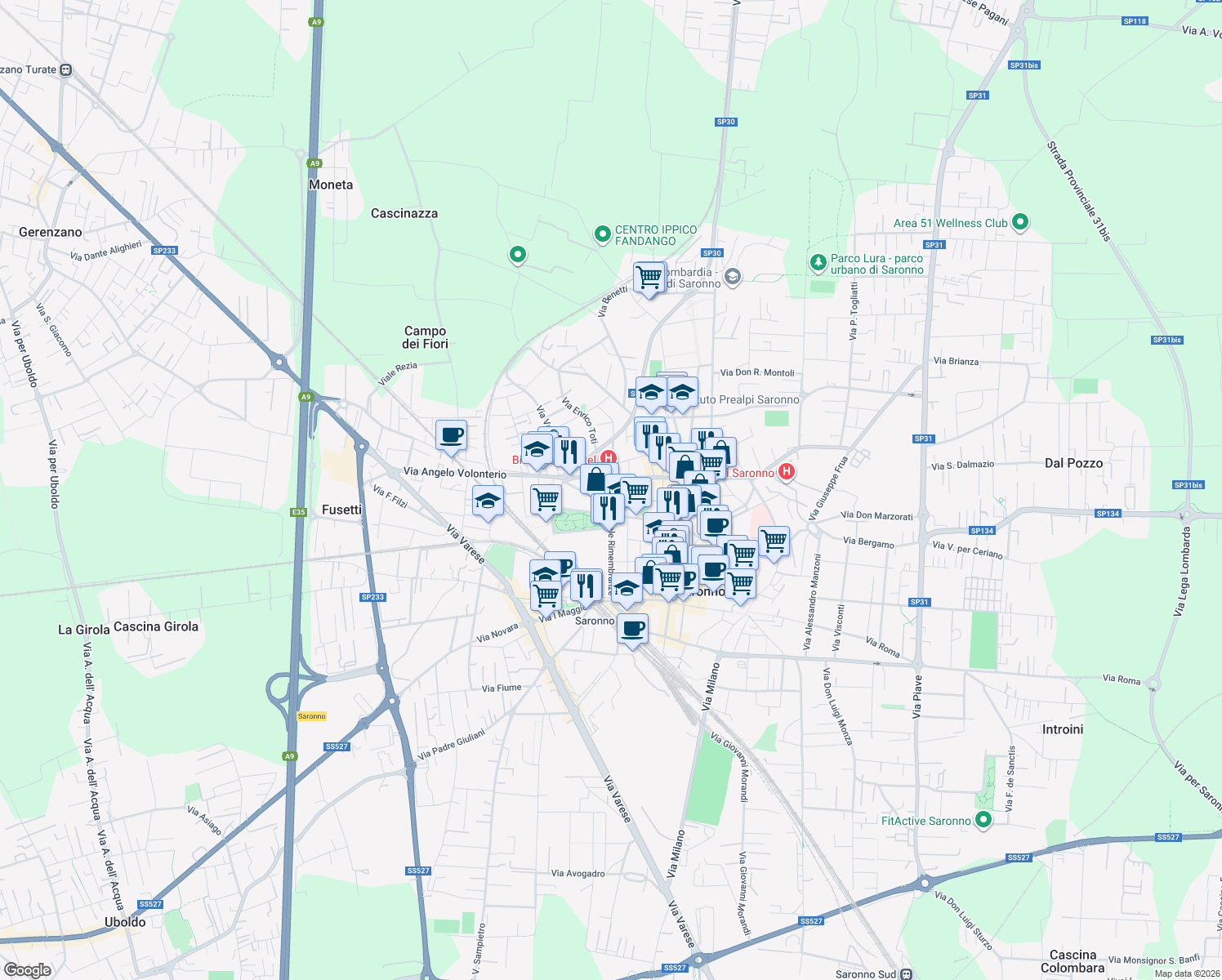 map of restaurants, bars, coffee shops, grocery stores, and more near 4 Via Vittime del Lavoro in Saronno