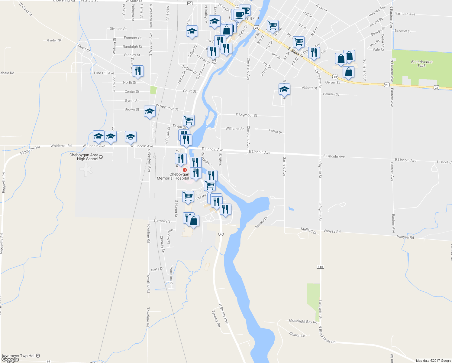 map of restaurants, bars, coffee shops, grocery stores, and more near 229 Riverside Drive in Cheboygan