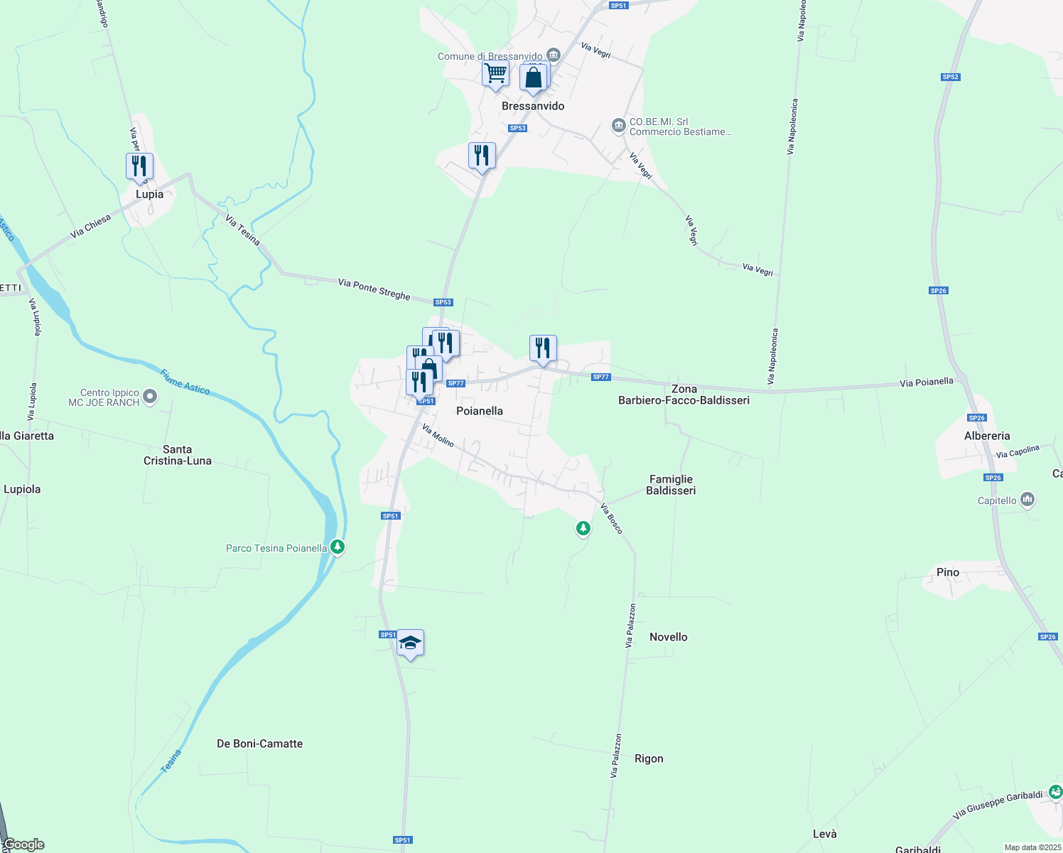 map of restaurants, bars, coffee shops, grocery stores, and more near 33 Via Caffo in Poianella