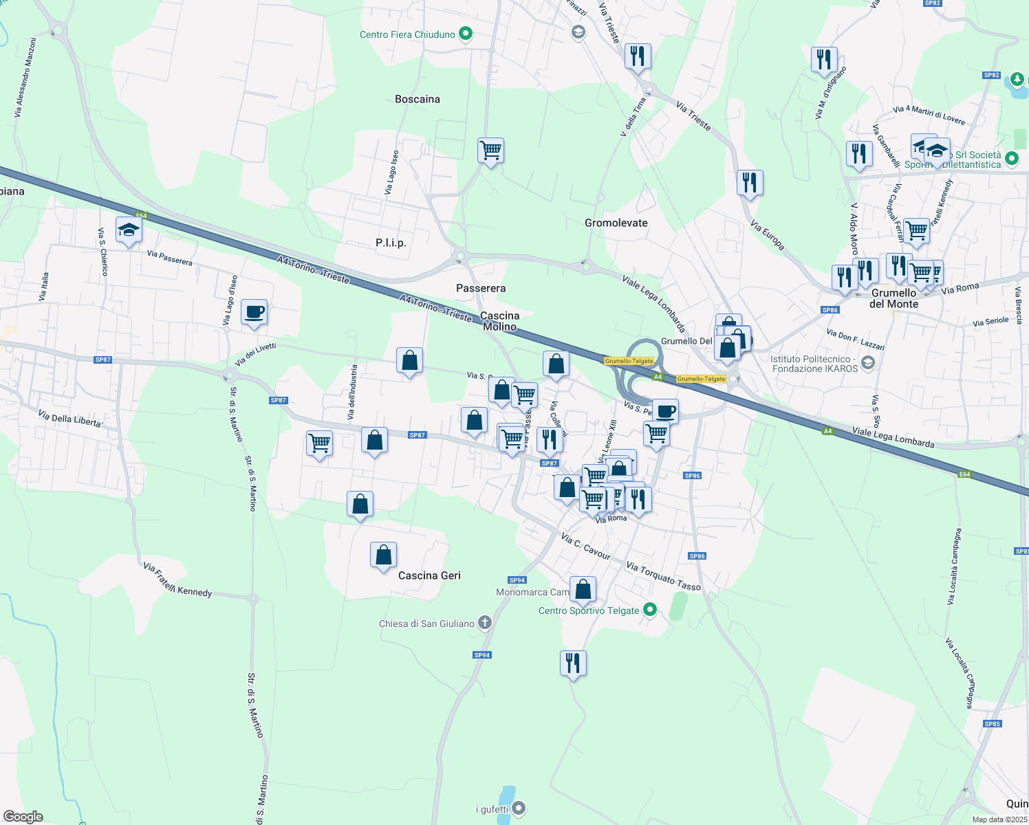 map of restaurants, bars, coffee shops, grocery stores, and more near 8A Via Passerera in Telgate