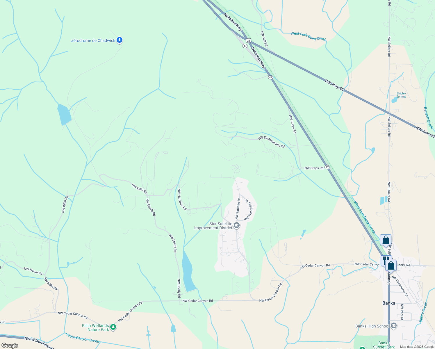 map of restaurants, bars, coffee shops, grocery stores, and more near 15295 Northwest Planet Court in Banks