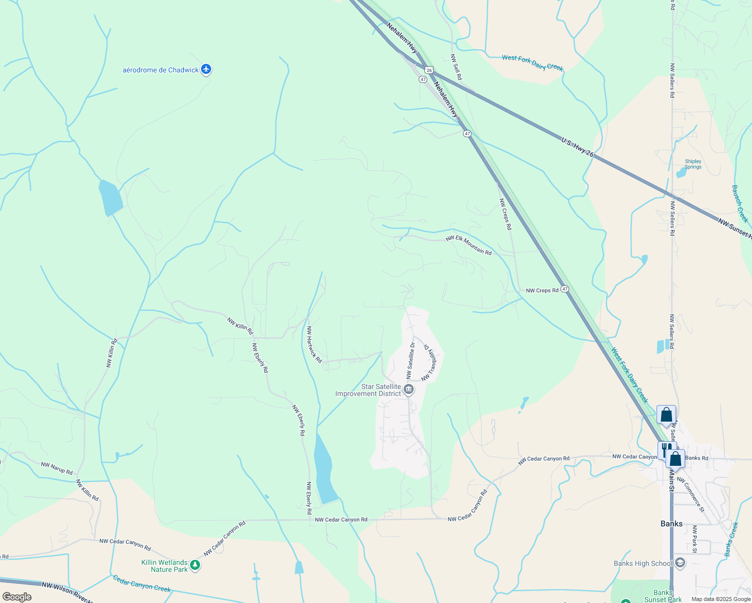 map of restaurants, bars, coffee shops, grocery stores, and more near 15295 Northwest Planet Court in Banks