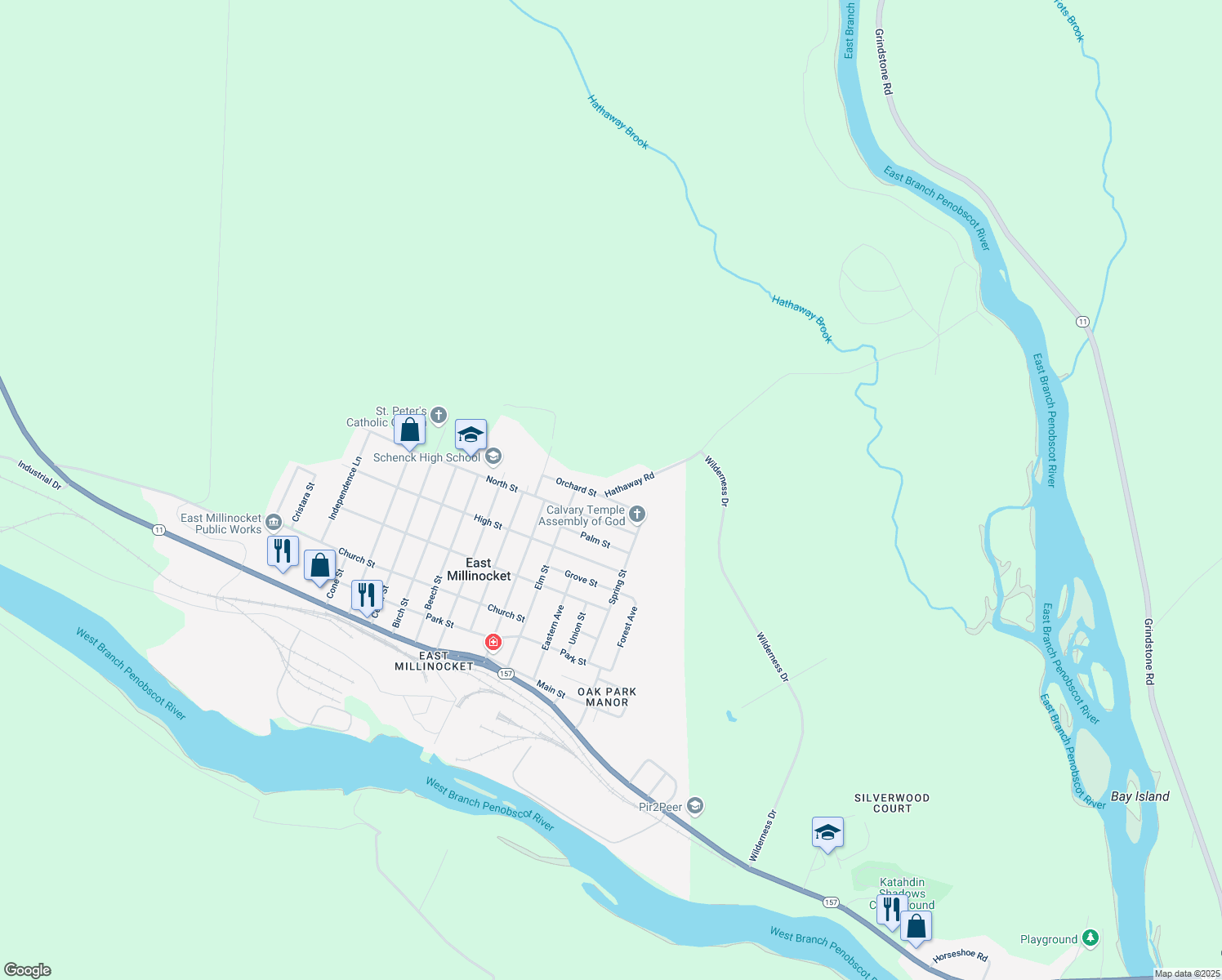 map of restaurants, bars, coffee shops, grocery stores, and more near 10 Hathaway Road in East Millinocket