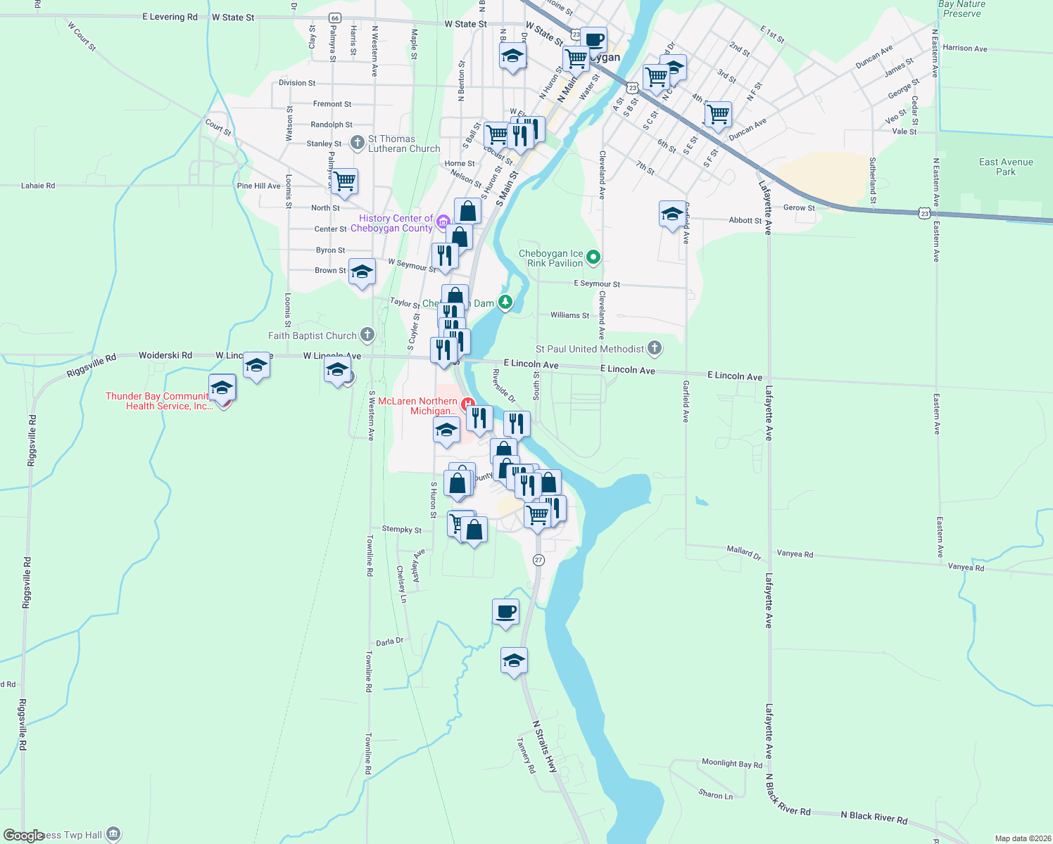 map of restaurants, bars, coffee shops, grocery stores, and more near 186 Riverside Dr in Cheboygan
