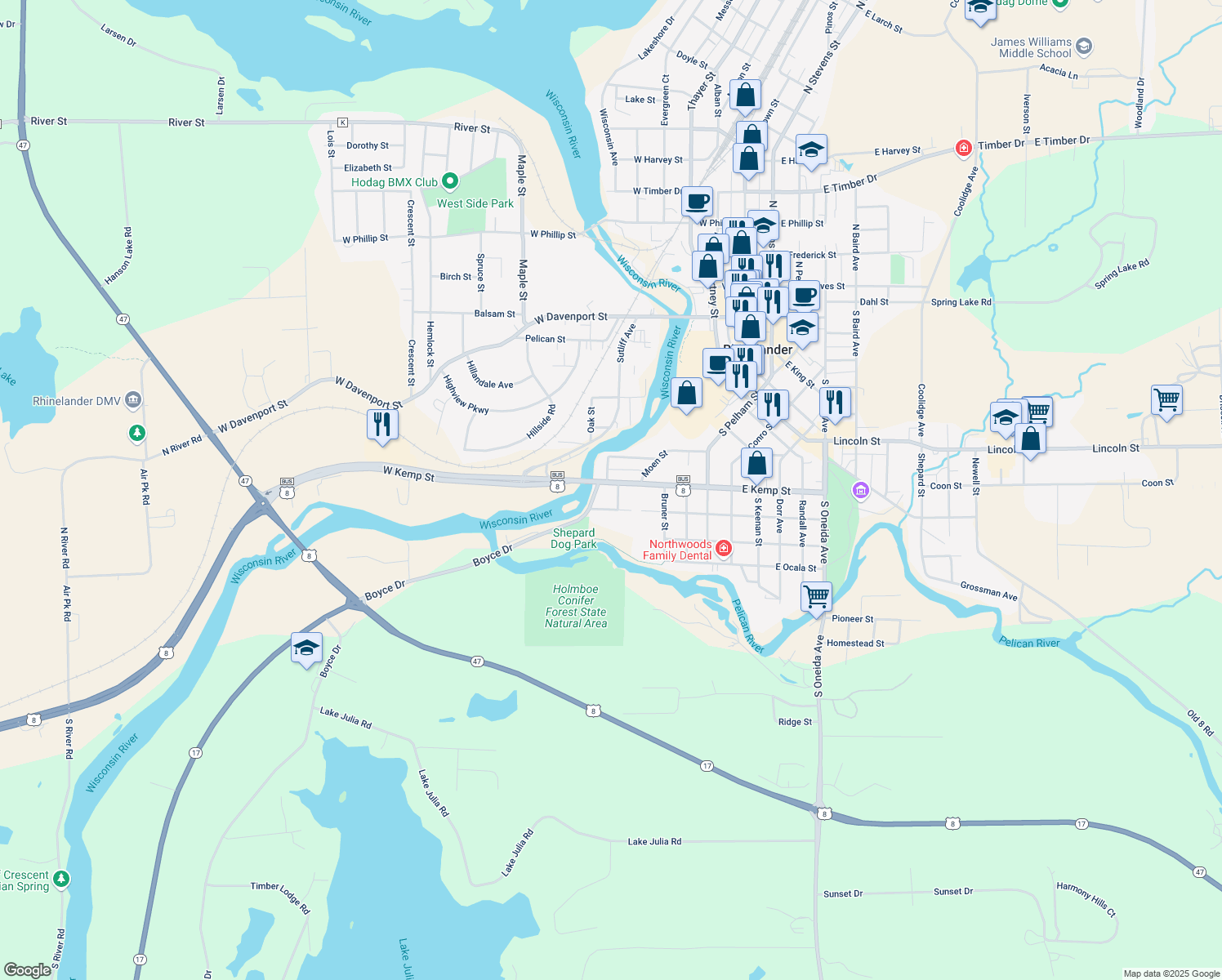 map of restaurants, bars, coffee shops, grocery stores, and more near 708 Bruns Drive in Rhinelander