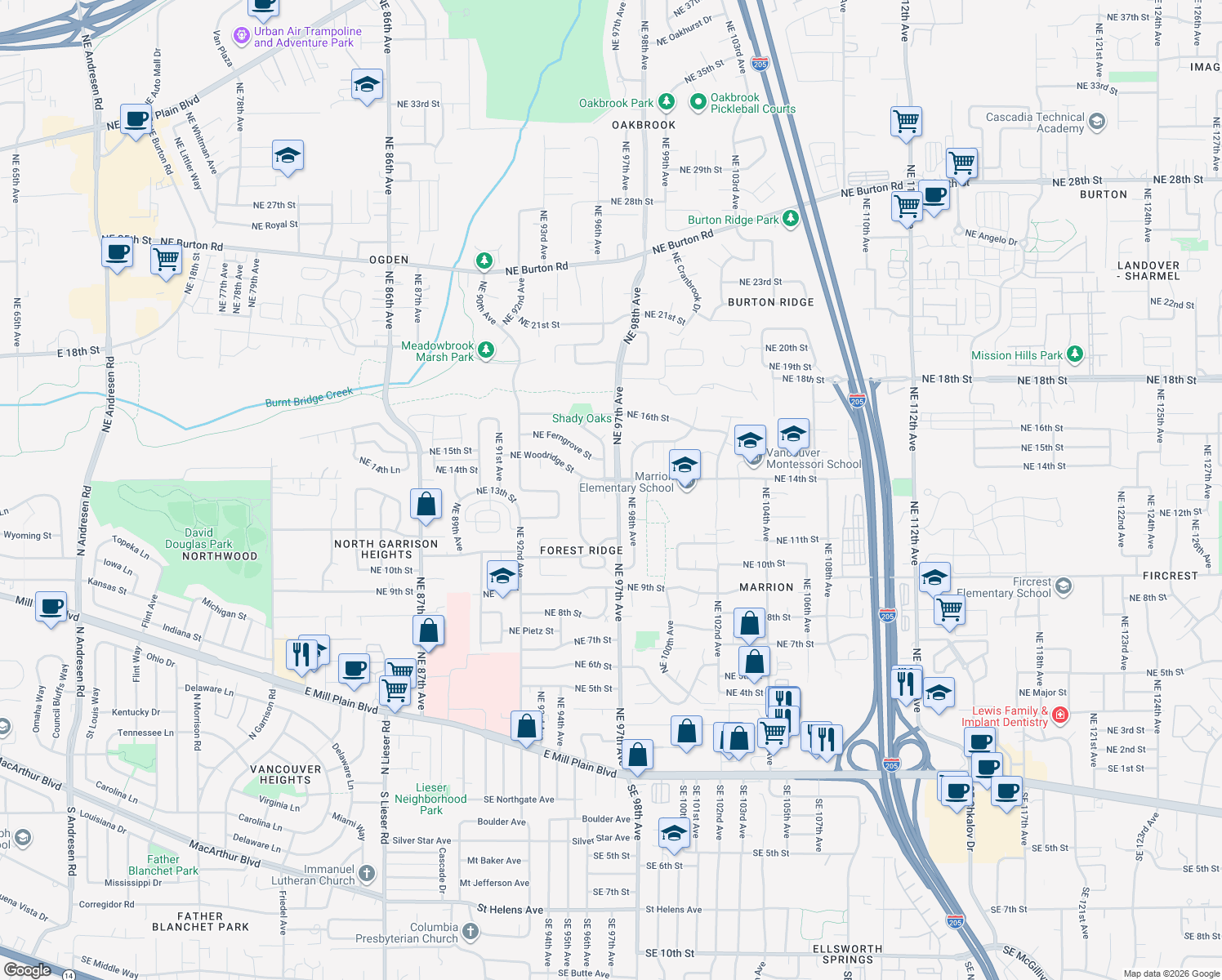 map of restaurants, bars, coffee shops, grocery stores, and more near 1315 Northeast Knollcrest Avenue in Vancouver