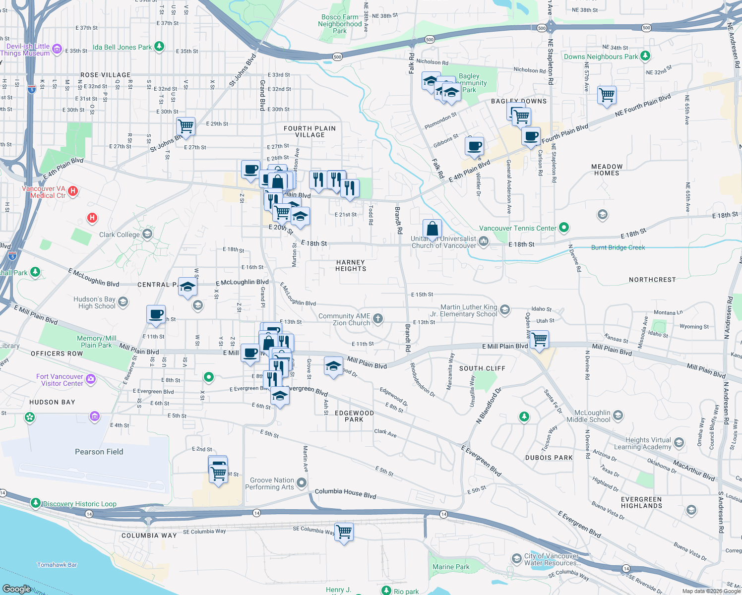 map of restaurants, bars, coffee shops, grocery stores, and more near 3604 East 14th Street in Vancouver