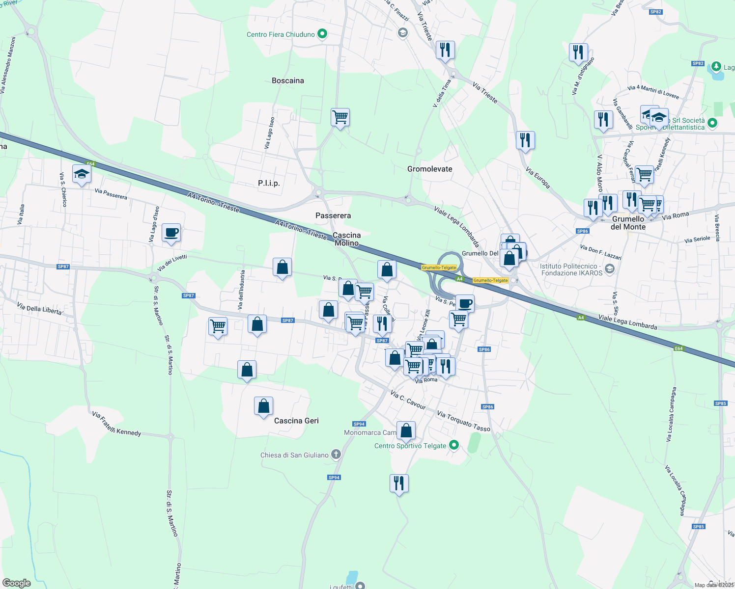 map of restaurants, bars, coffee shops, grocery stores, and more near 8A Via Passerera in Telgate