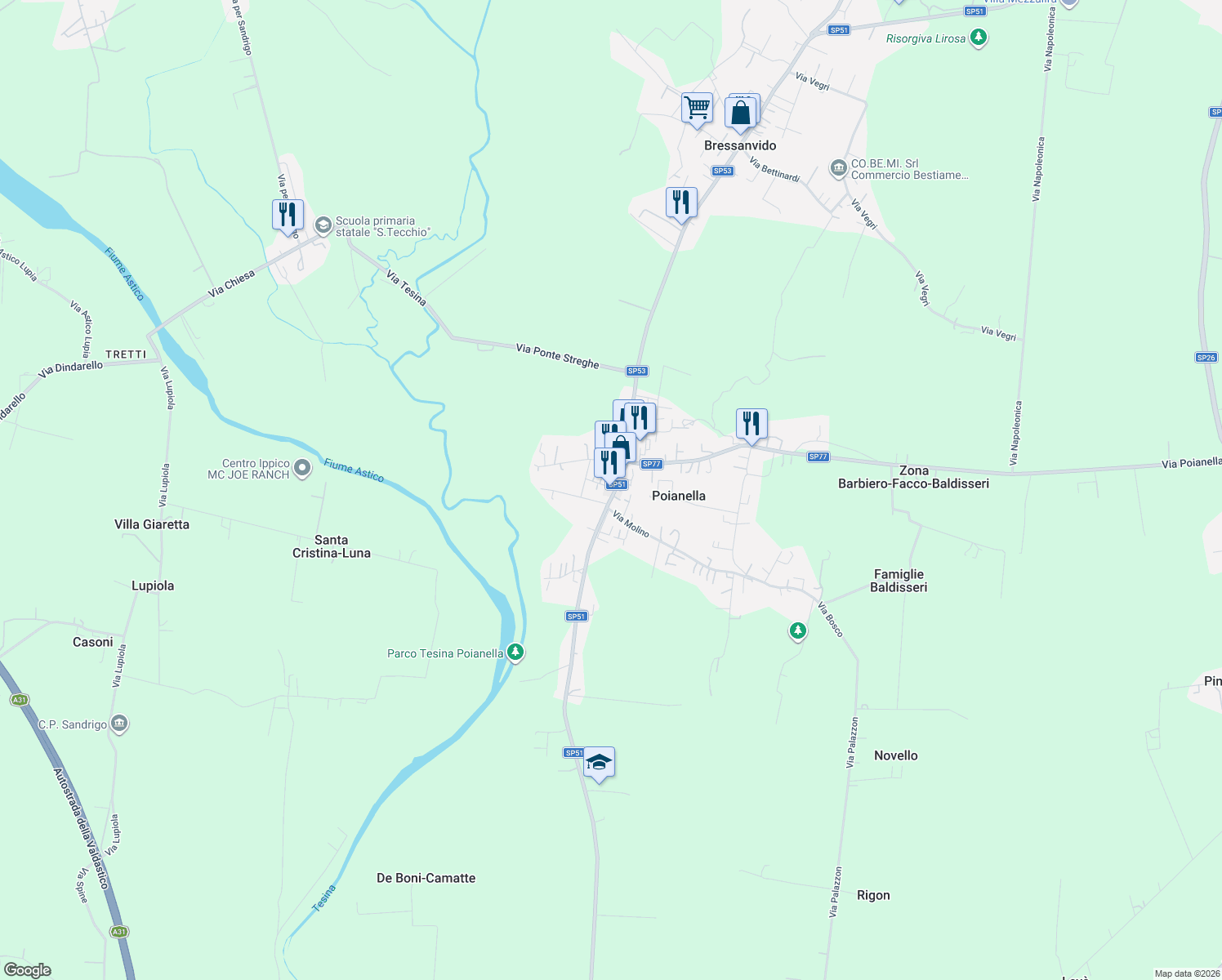 map of restaurants, bars, coffee shops, grocery stores, and more near 312 Piazza Marconi in Poianella