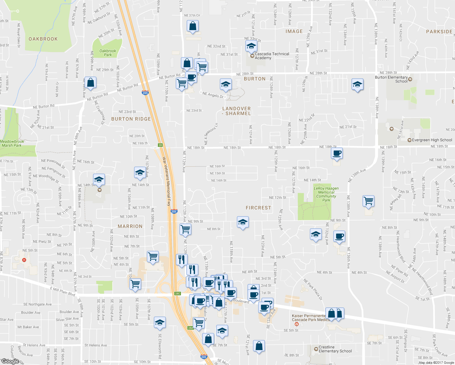 map of restaurants, bars, coffee shops, grocery stores, and more near 11801 Northeast 14th Street in Vancouver
