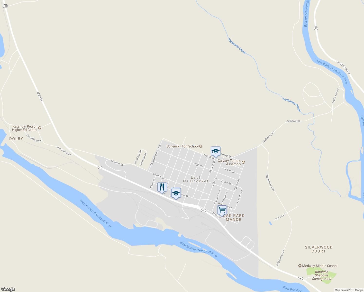 map of restaurants, bars, coffee shops, grocery stores, and more near 45 North St in East Millinocket