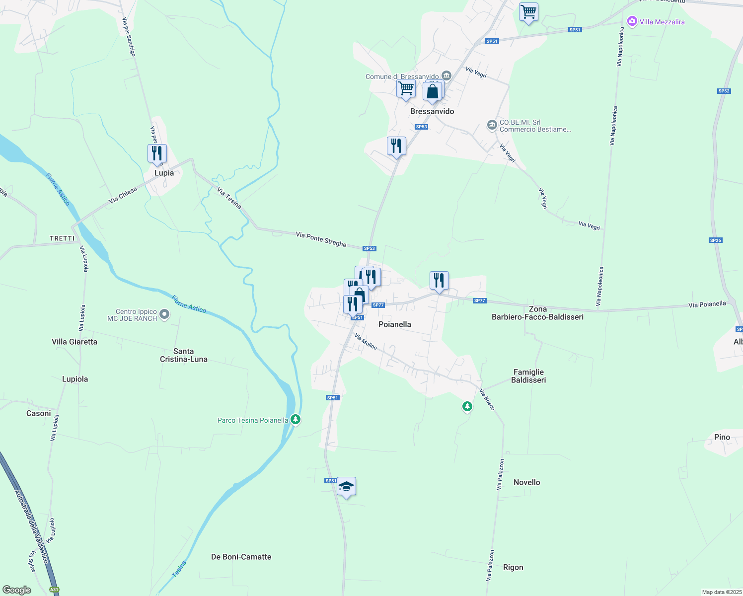map of restaurants, bars, coffee shops, grocery stores, and more near 6 Via Fornace in Poianella