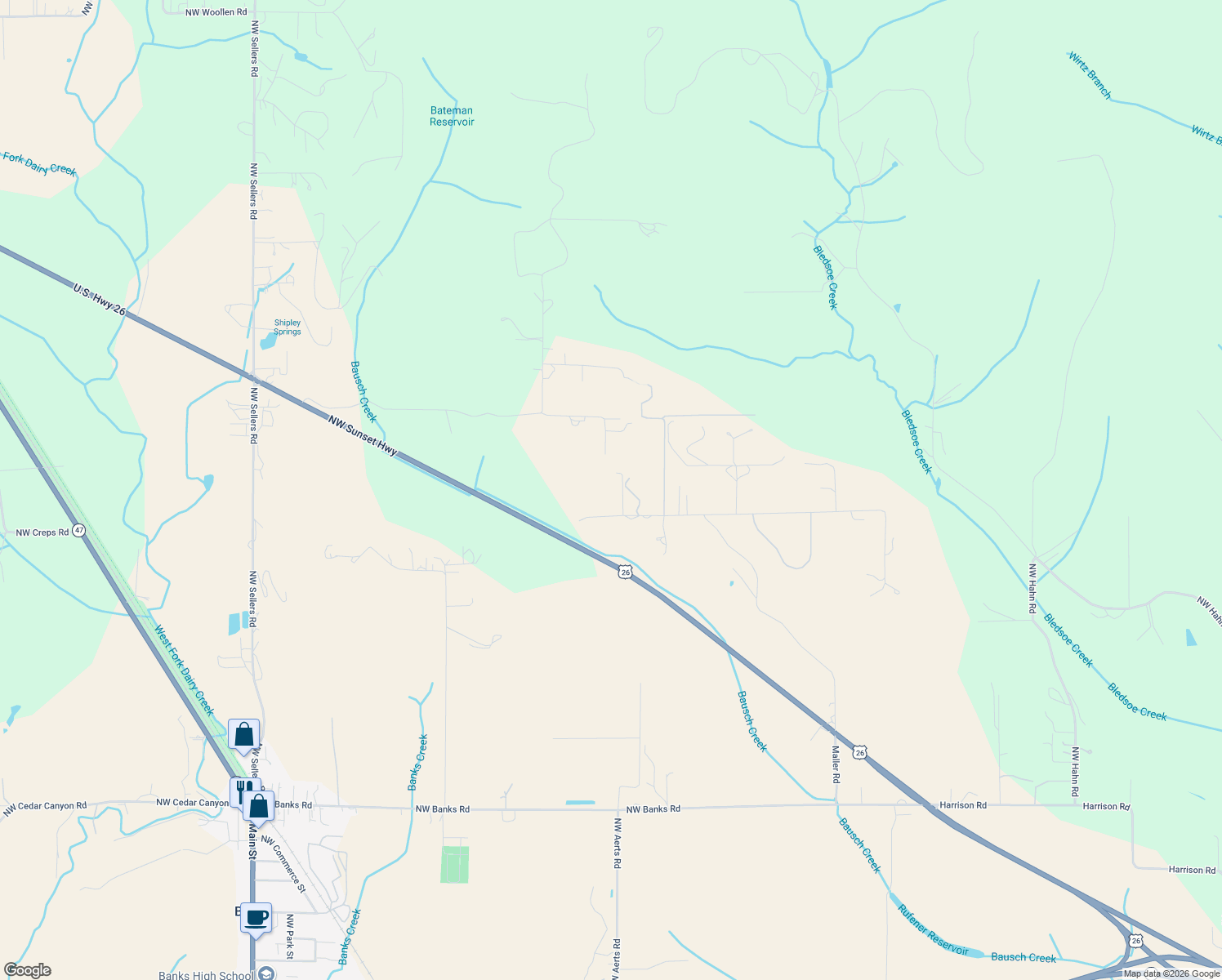 map of restaurants, bars, coffee shops, grocery stores, and more near 40595 NW Raindance Ln in Banks