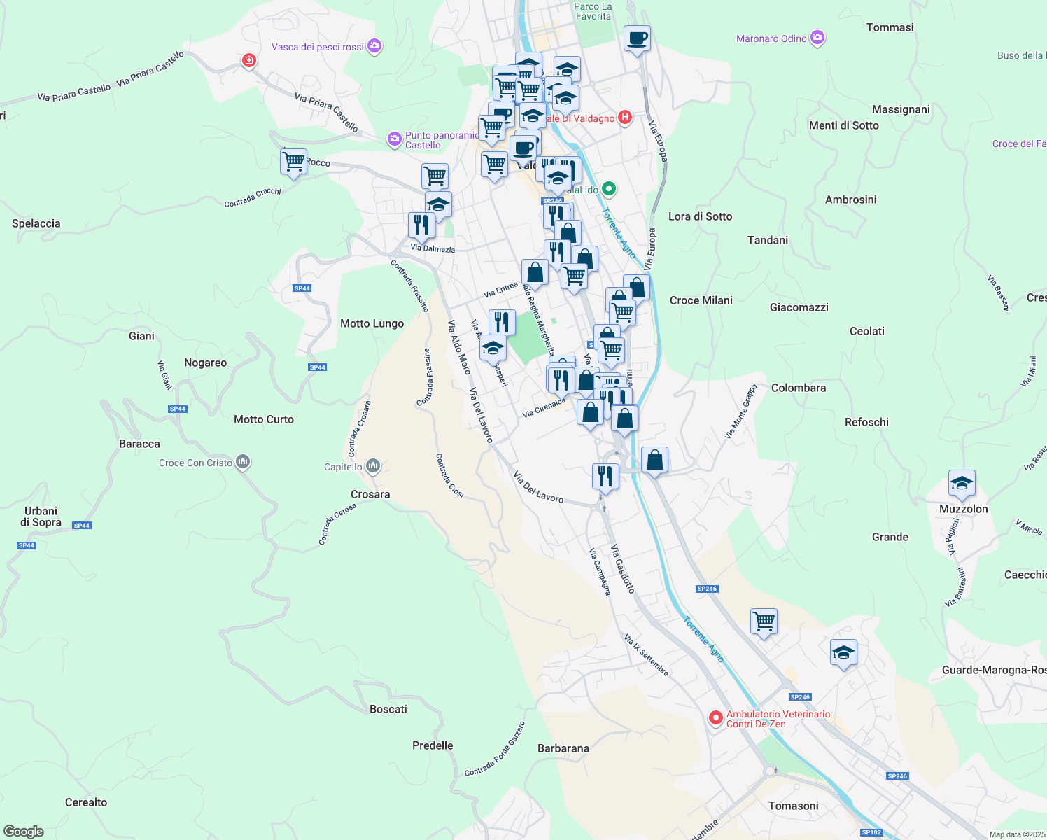 map of restaurants, bars, coffee shops, grocery stores, and more near 7 Via Tripoli in Valdagno