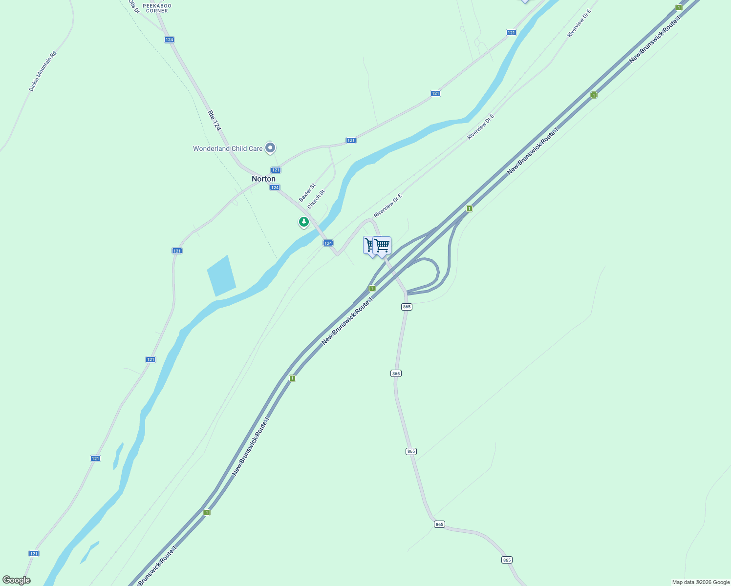 map of restaurants, bars, coffee shops, grocery stores, and more near New Brunswick 1 in Norton
