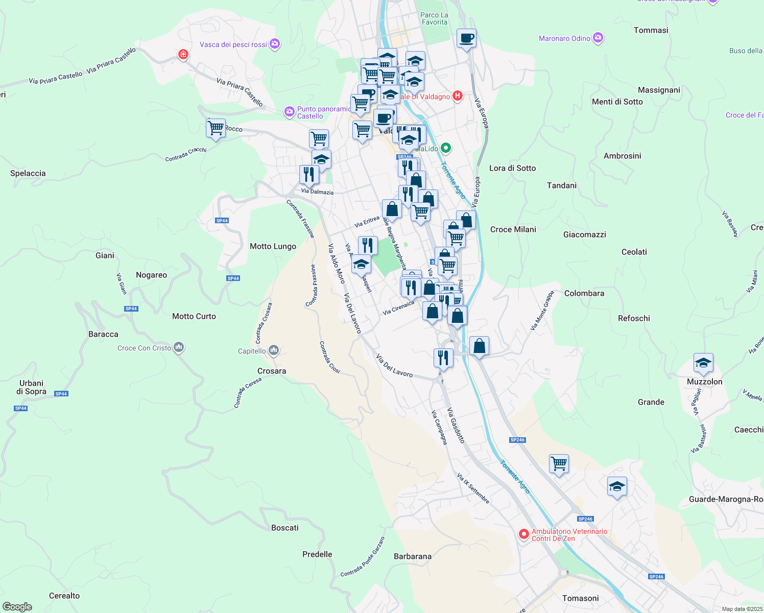 map of restaurants, bars, coffee shops, grocery stores, and more near 7 Via Tripoli in Valdagno