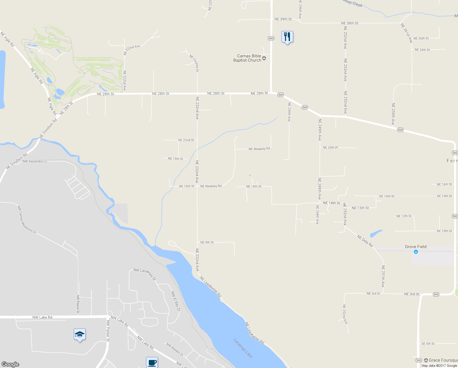 map of restaurants, bars, coffee shops, grocery stores, and more near 23609 Northeast Weakley Road in Camas