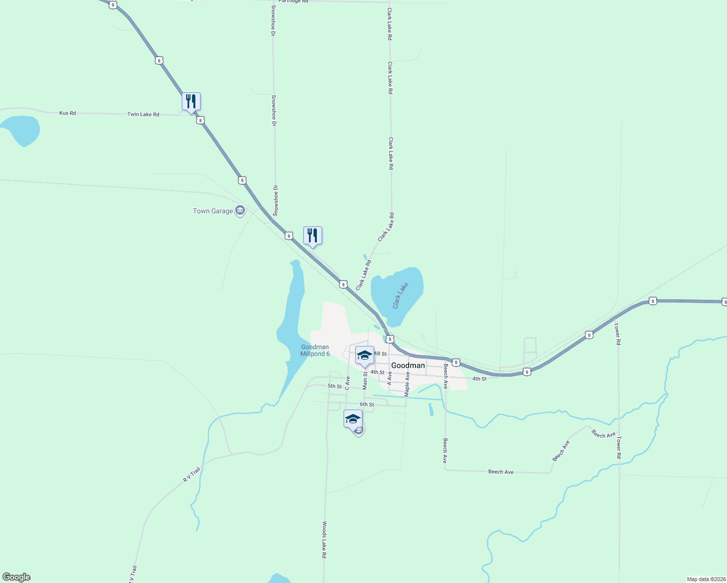 map of restaurants, bars, coffee shops, grocery stores, and more near W15148 U.S. 8 in Goodman