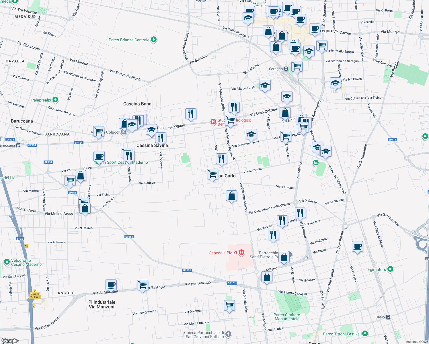 map of restaurants, bars, coffee shops, grocery stores, and more near 96 Via San Carlo in Seregno