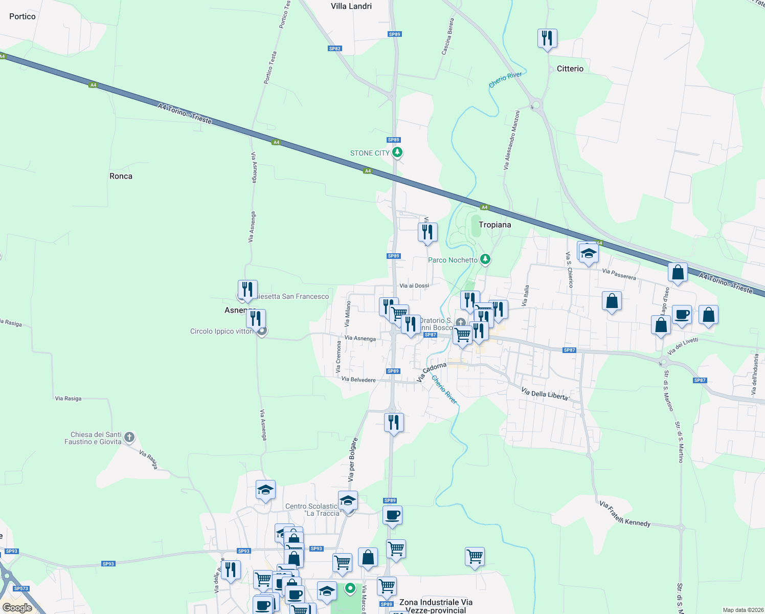map of restaurants, bars, coffee shops, grocery stores, and more near 3 Via Sondrio in Bolgare