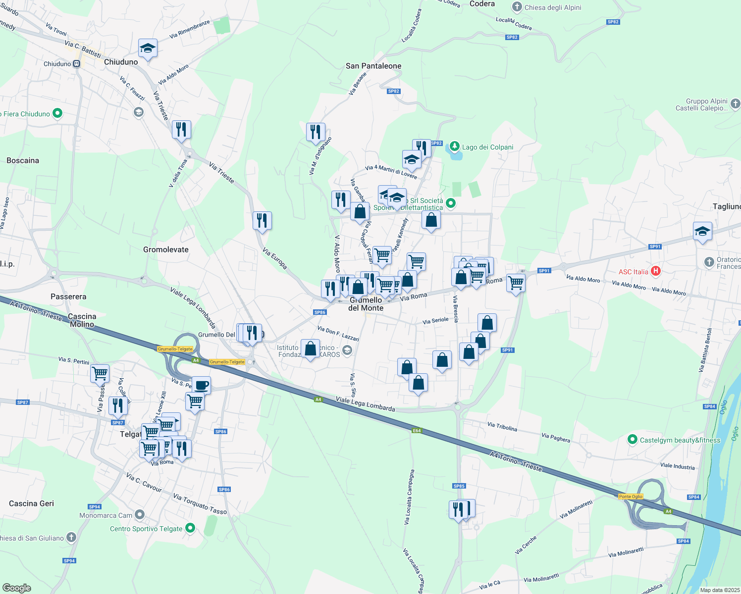 map of restaurants, bars, coffee shops, grocery stores, and more near 6B Piazza G. Camozzi in Grumello del Monte