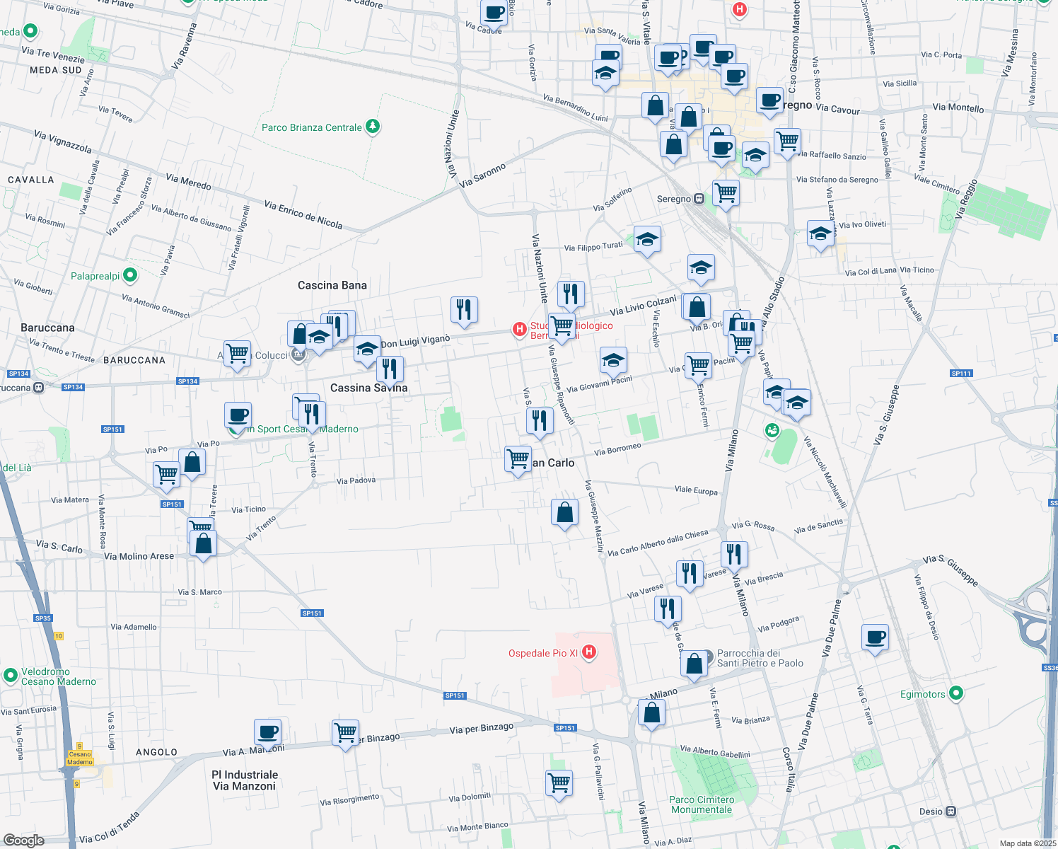 map of restaurants, bars, coffee shops, grocery stores, and more near 72-96 Via San Carlo in Seregno