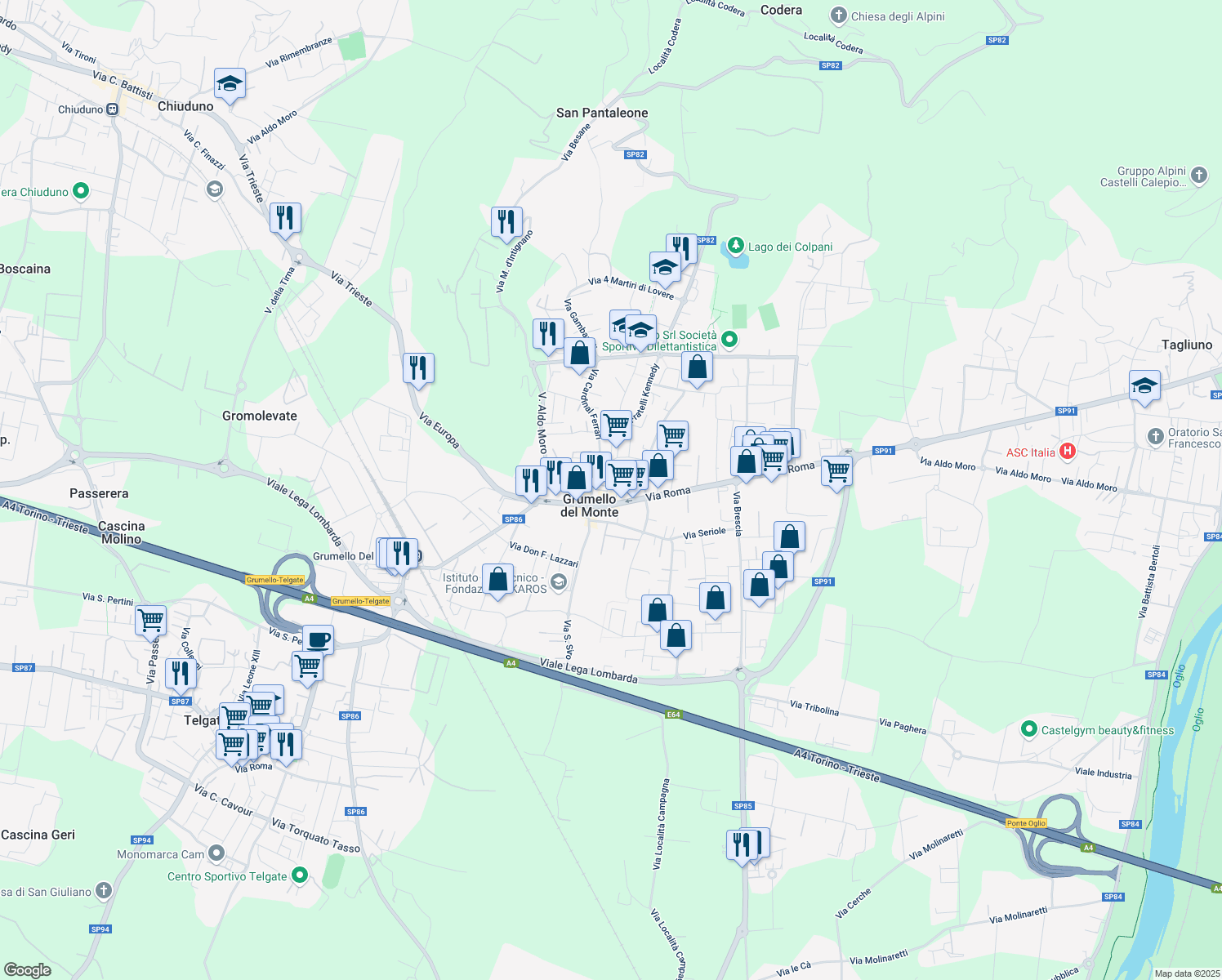 map of restaurants, bars, coffee shops, grocery stores, and more near 6B Piazza Gabriele Camozzi in Grumello del Monte