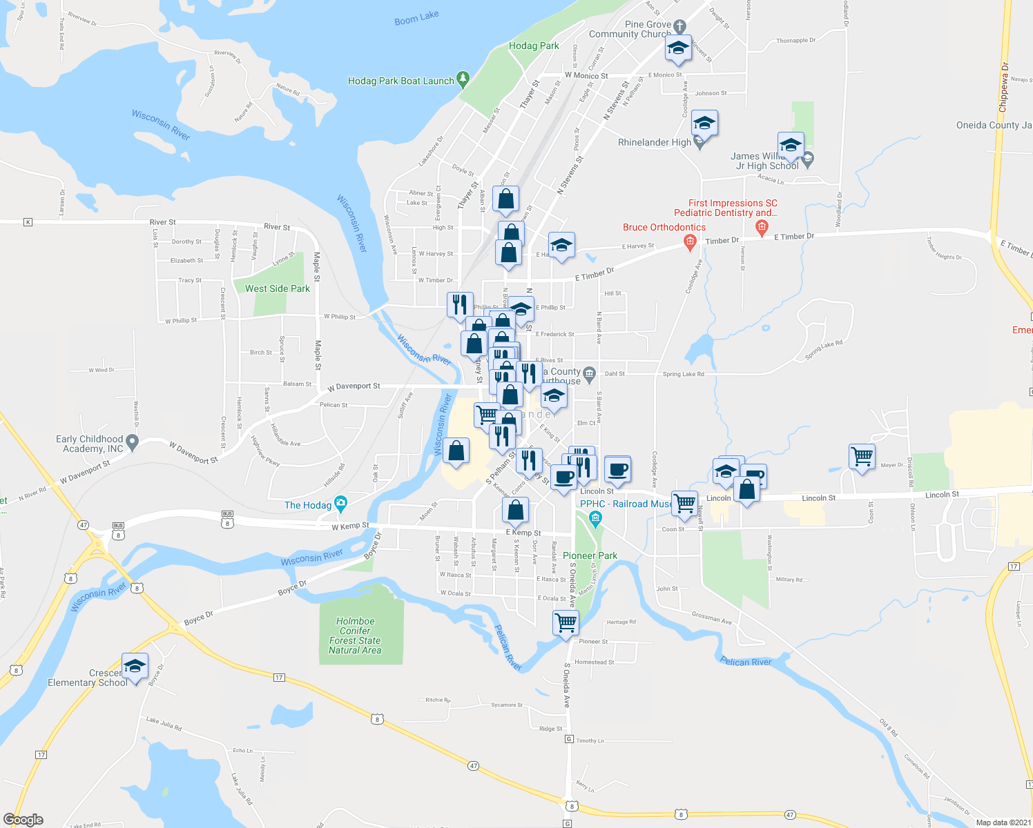 map of restaurants, bars, coffee shops, grocery stores, and more near in Rhinelander