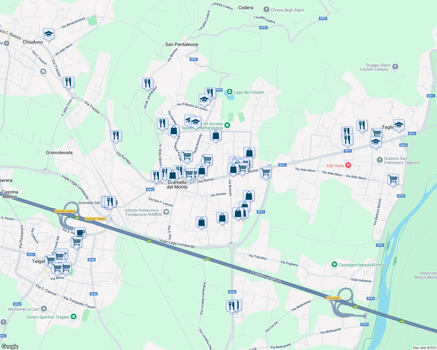 map of restaurants, bars, coffee shops, grocery stores, and more near 30 Via Trieste in Grumello del Monte