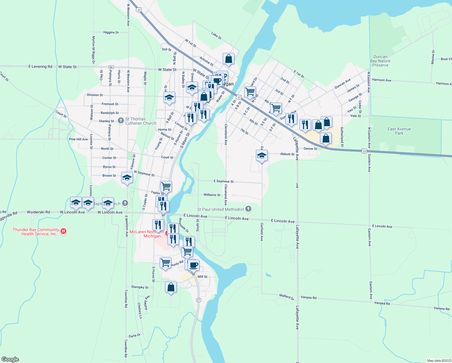 map of restaurants, bars, coffee shops, grocery stores, and more near Cleveland Avenue in Cheboygan