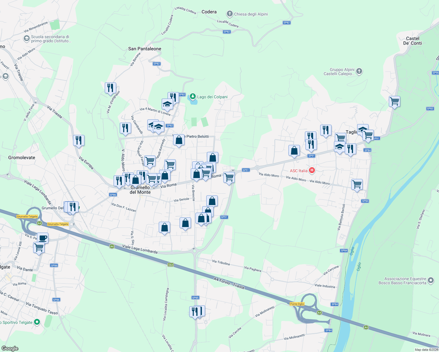 map of restaurants, bars, coffee shops, grocery stores, and more near 162 Via Roma in Grumello del Monte