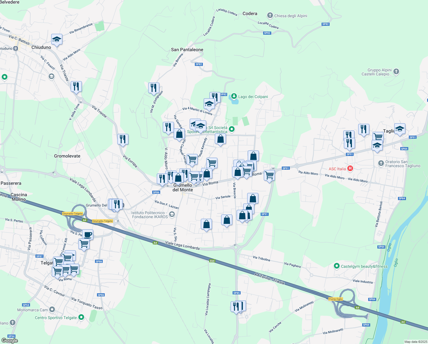 map of restaurants, bars, coffee shops, grocery stores, and more near 30 Via Trieste in Grumello del Monte