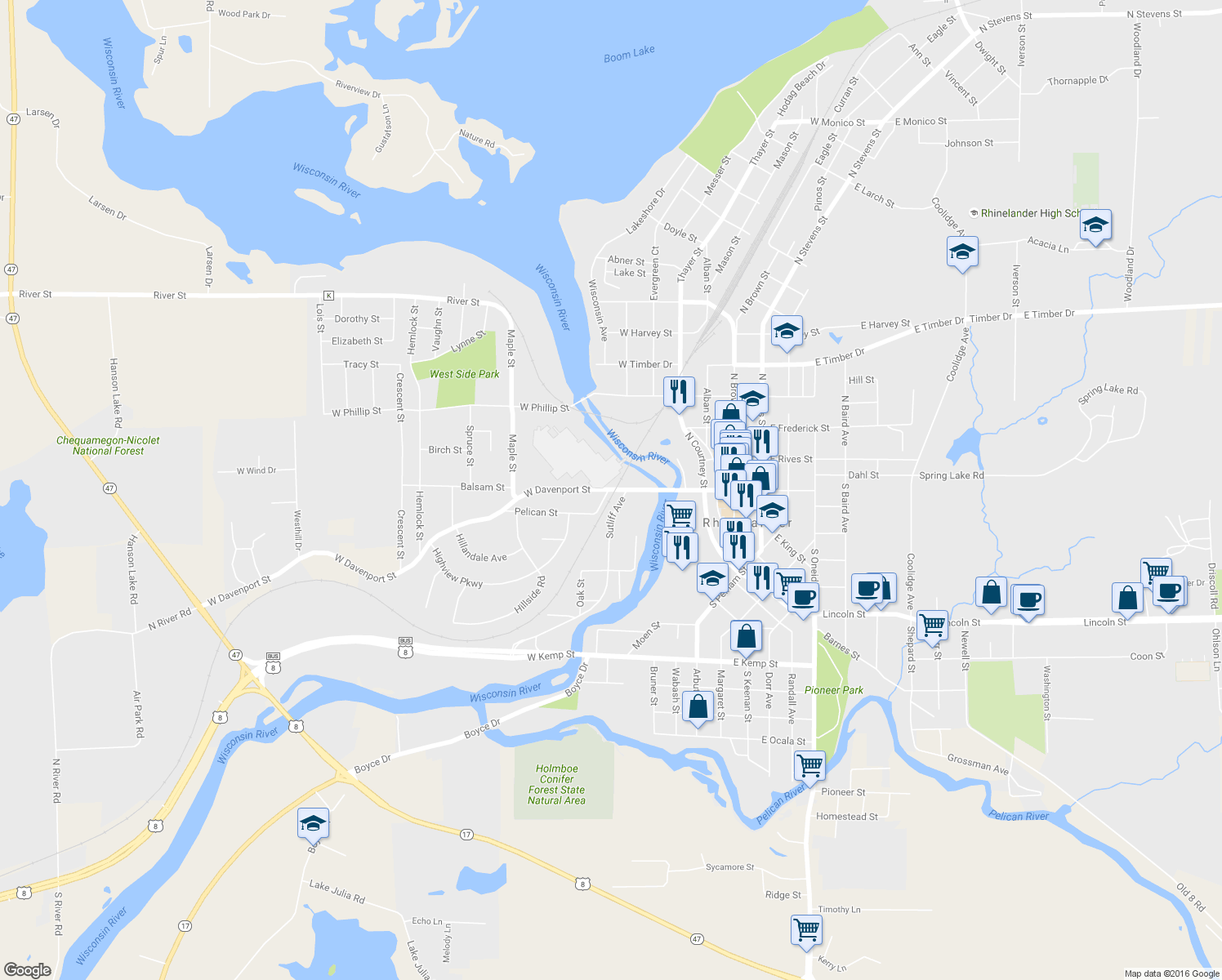 map of restaurants, bars, coffee shops, grocery stores, and more near 515 West Davenport Street in Rhinelander