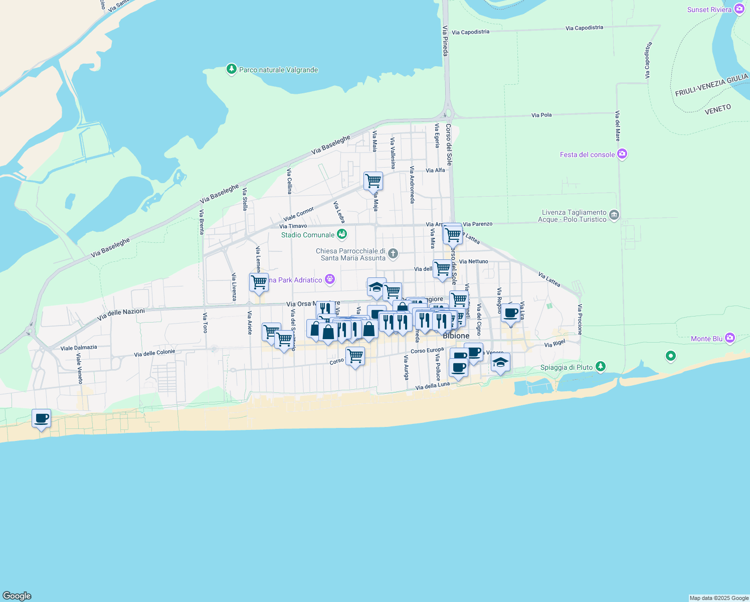 map of restaurants, bars, coffee shops, grocery stores, and more near Via Maia in Bibione