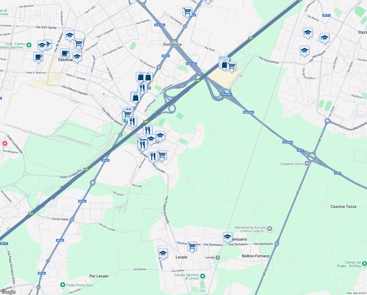 map of restaurants, bars, coffee shops, grocery stores, and more near 19 Via Divisione Acqui in Dalmine