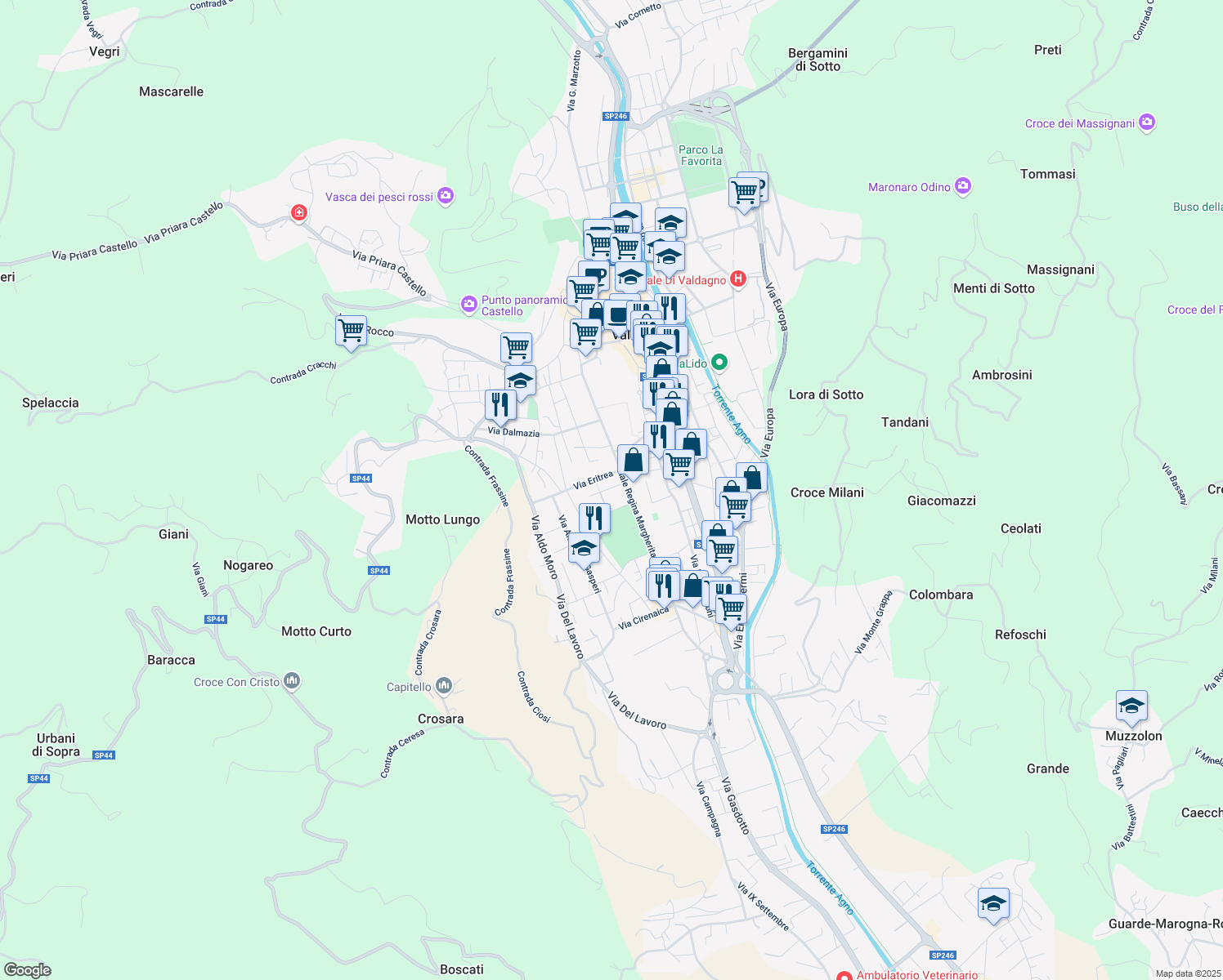 map of restaurants, bars, coffee shops, grocery stores, and more near 3 Via Somalia in Valdagno