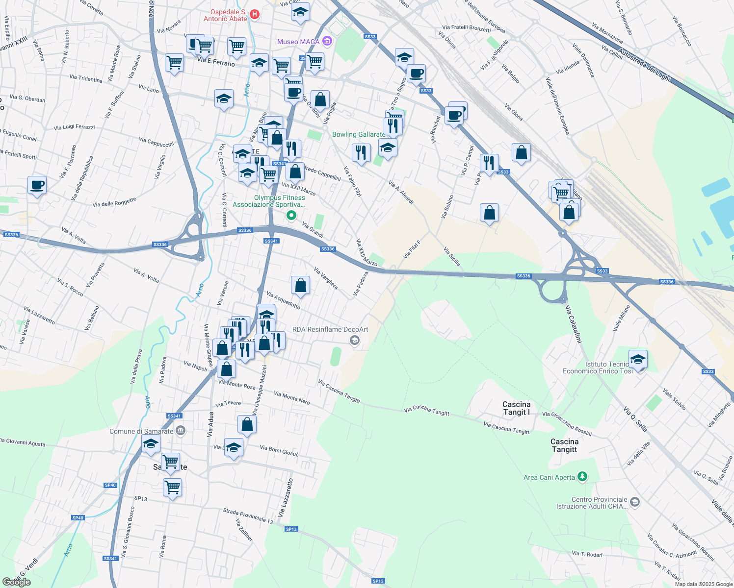 map of restaurants, bars, coffee shops, grocery stores, and more near 5 Via dei Pini in Gallarate